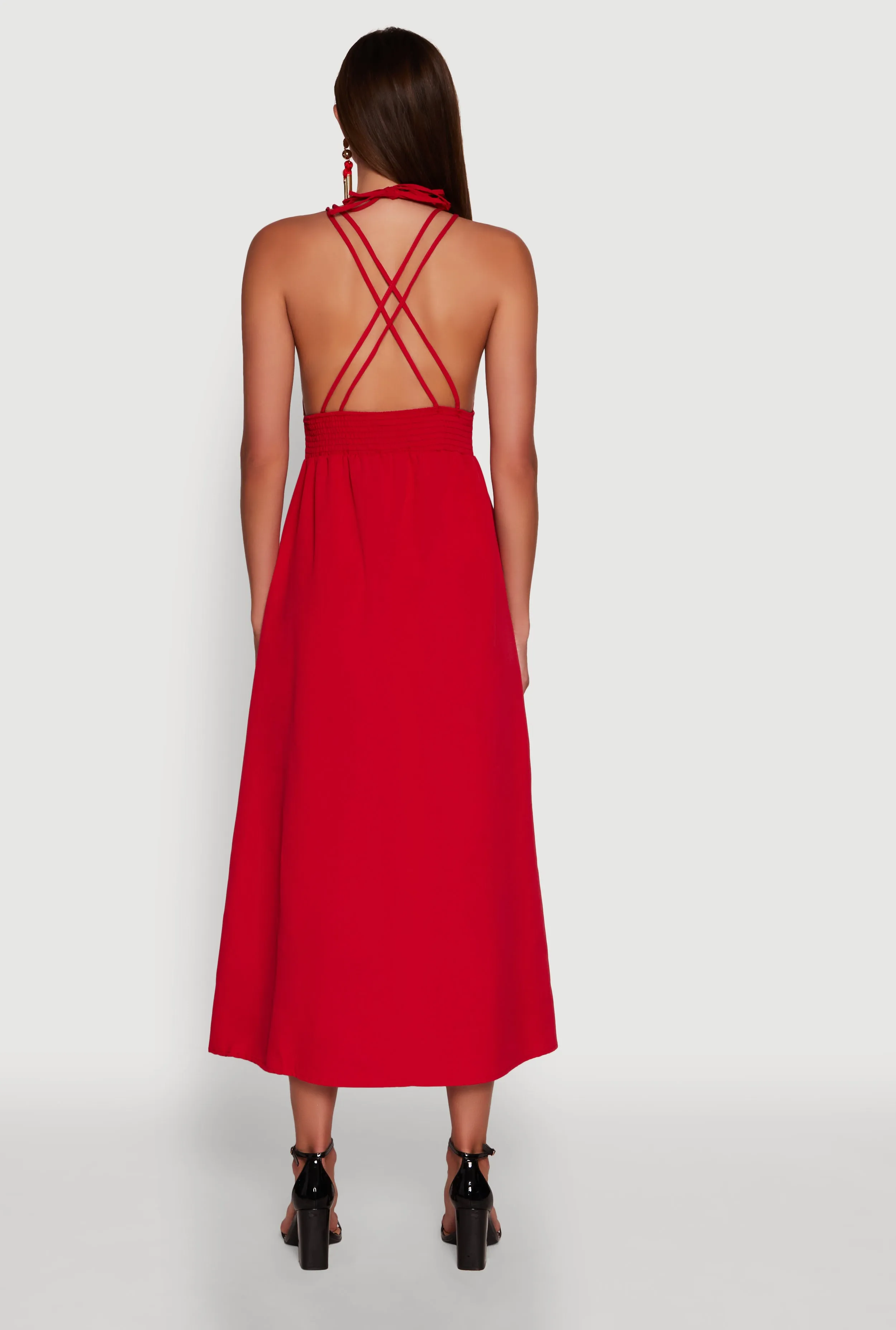 Trendy Plunge Halter Tie Maxi Dress with Criss Cross Back Straps sold by Rainbow product image thumbnail 5