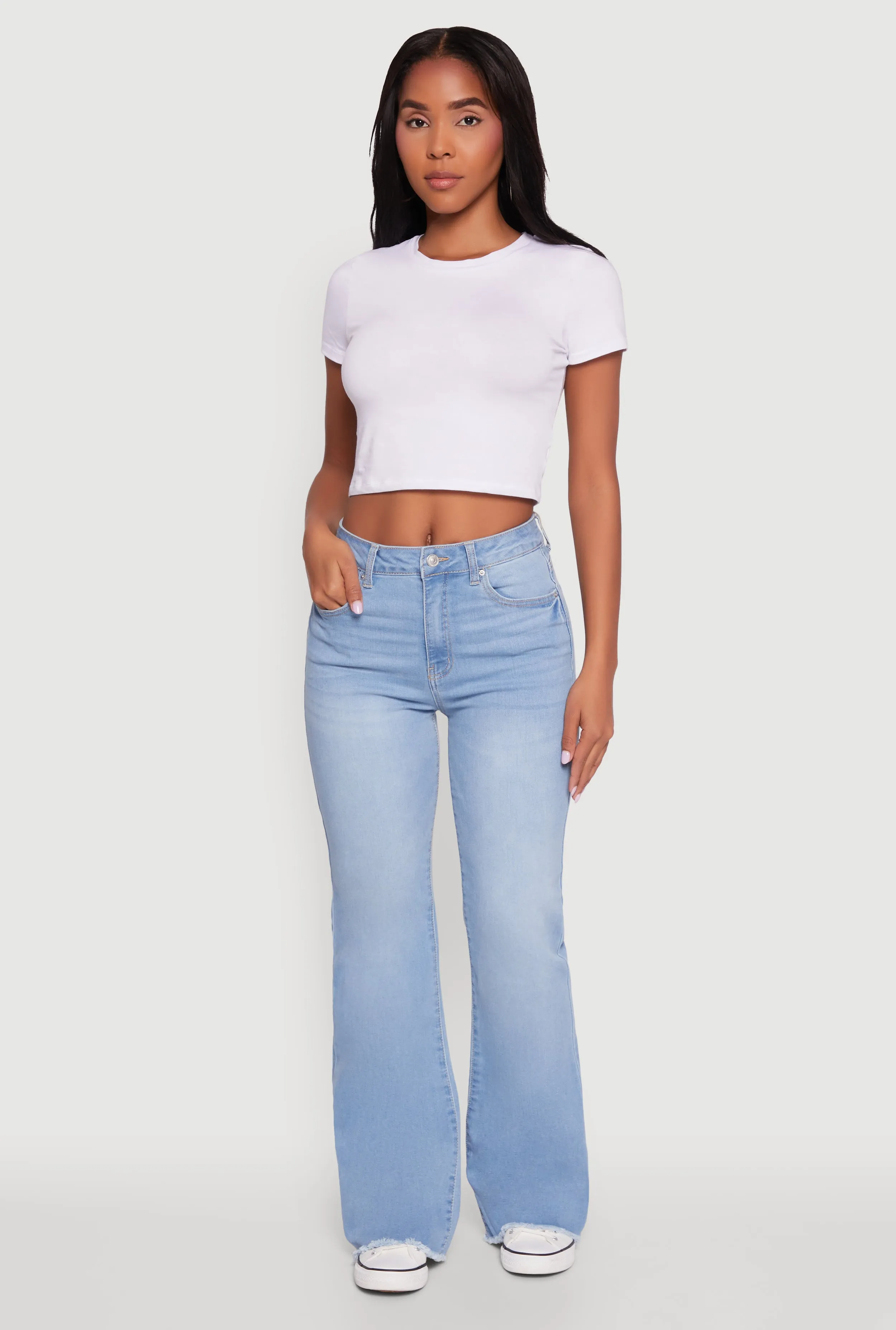 WAX Whiskered Mid Rise Frayed Hem Flare Jeans sold by Rainbow