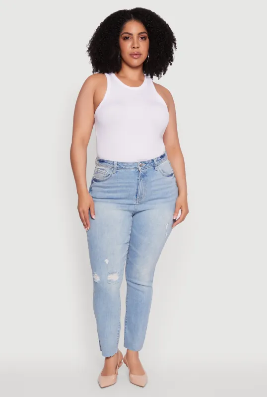 Plus Size Trendy High Waisted Distressed Whiskered Jeans sold by Rainbow