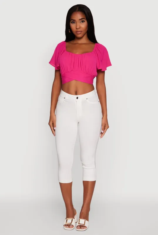 Classic Fit Scoop Neck Flutter Sleeve Crop Top sold by Rainbow