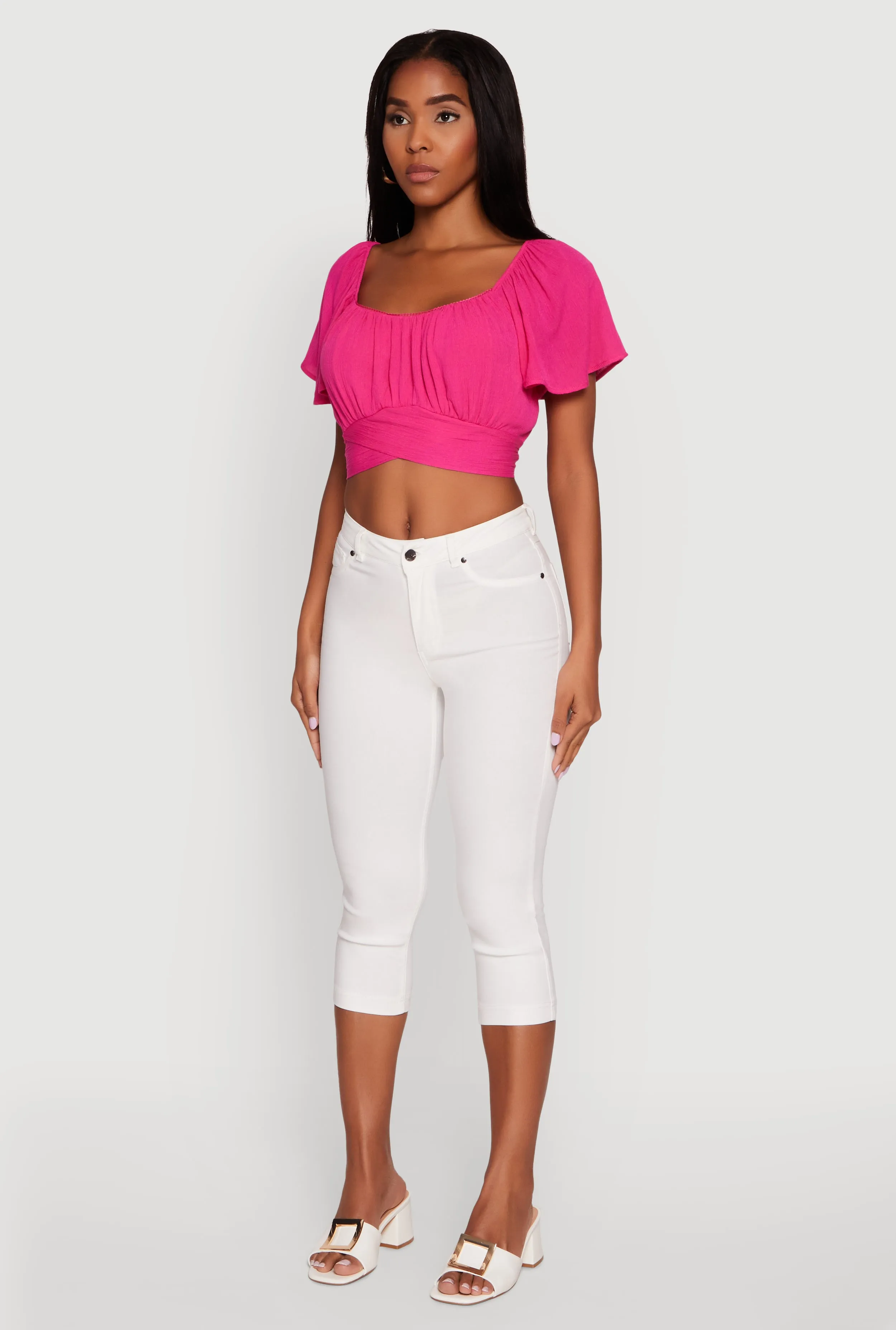 Classic Fit Scoop Neck Flutter Sleeve Crop Top sold by Rainbow product image thumbnail 5