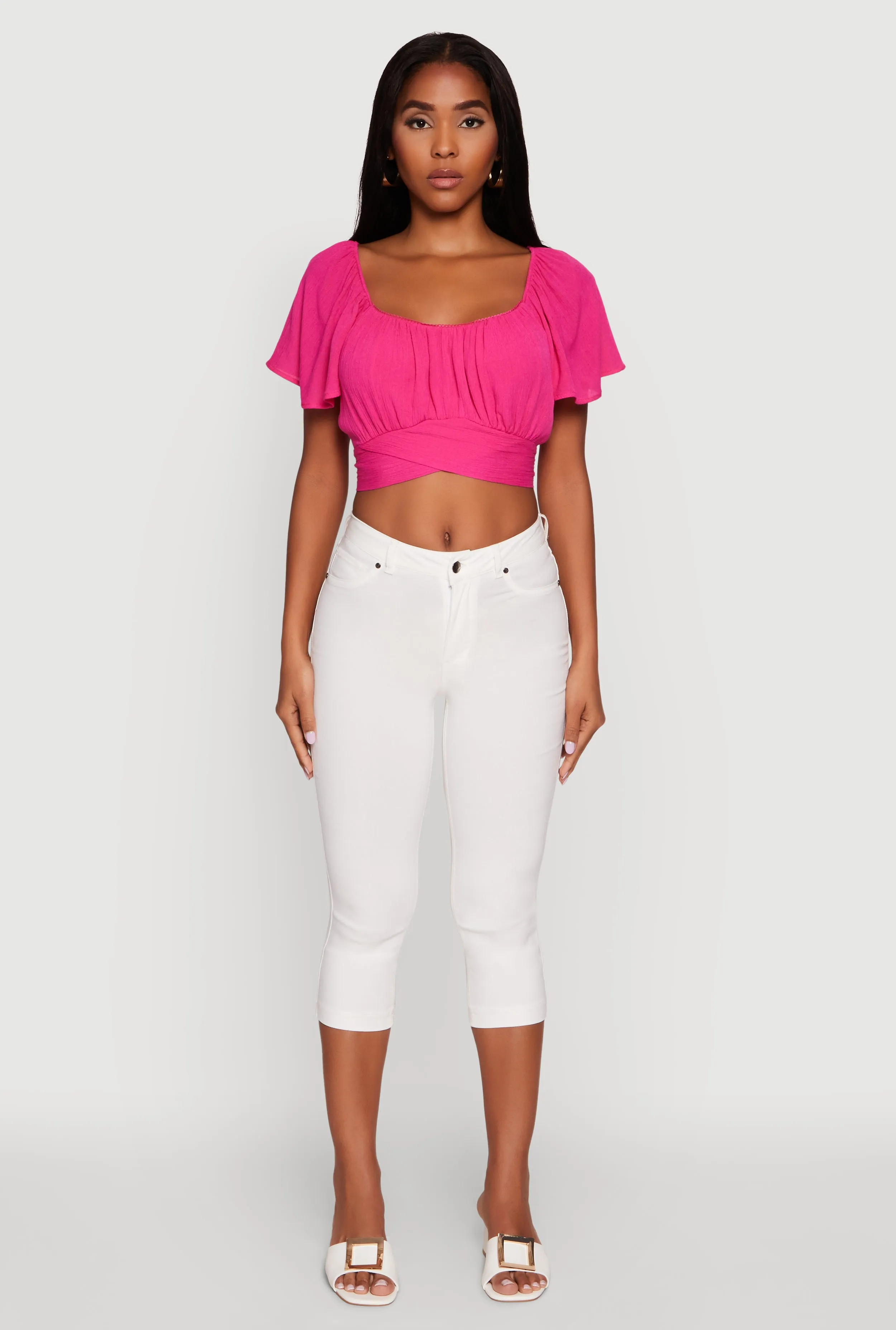 Classic Fit Scoop Neck Flutter Sleeve Crop Top sold by Rainbow product image thumbnail 3