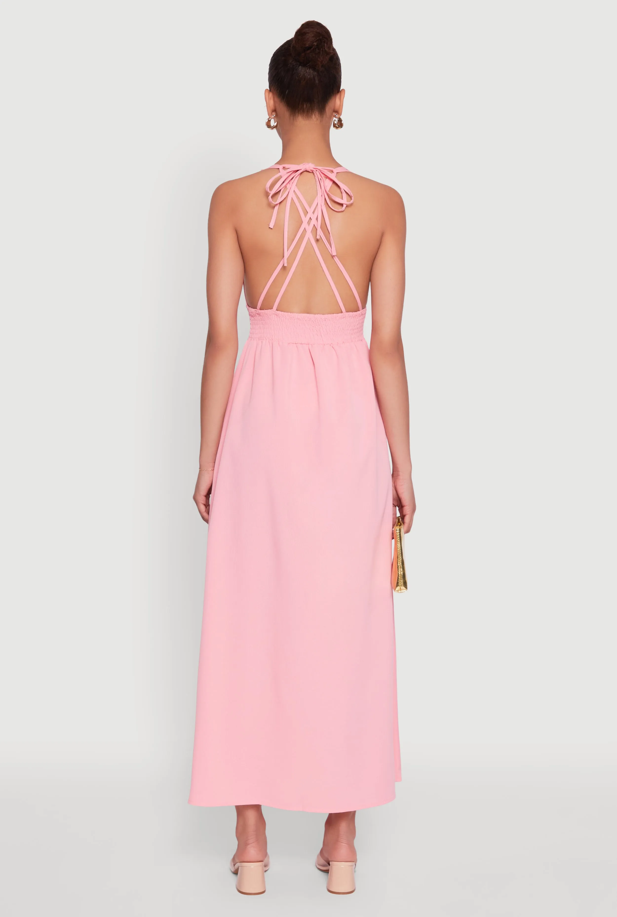 Trendy Plunge Halter Tie Maxi Dress with Criss Cross Back Straps sold by Rainbow product image thumbnail 5