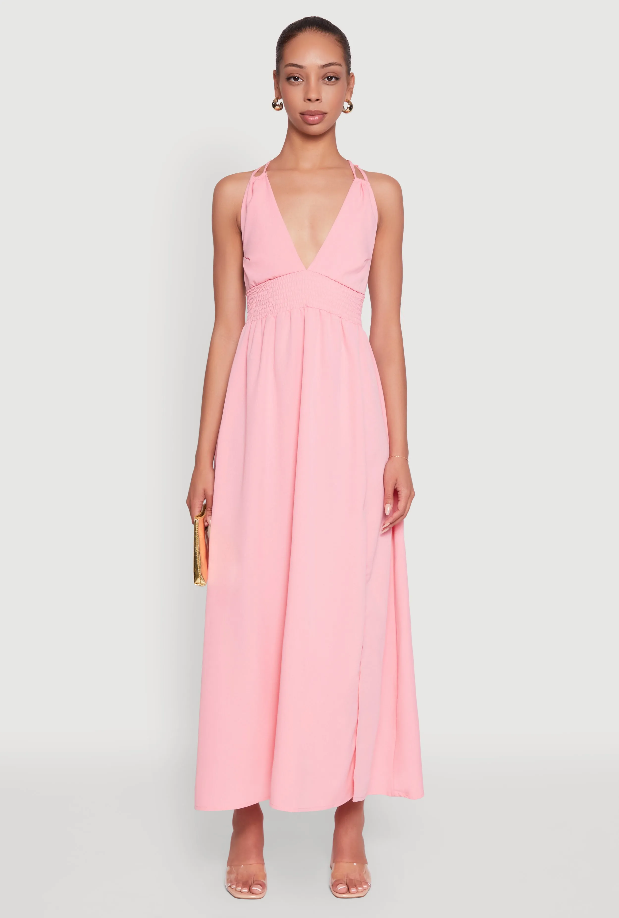Trendy Plunge Halter Tie Maxi Dress with Criss Cross Back Straps sold by Rainbow product image thumbnail 2