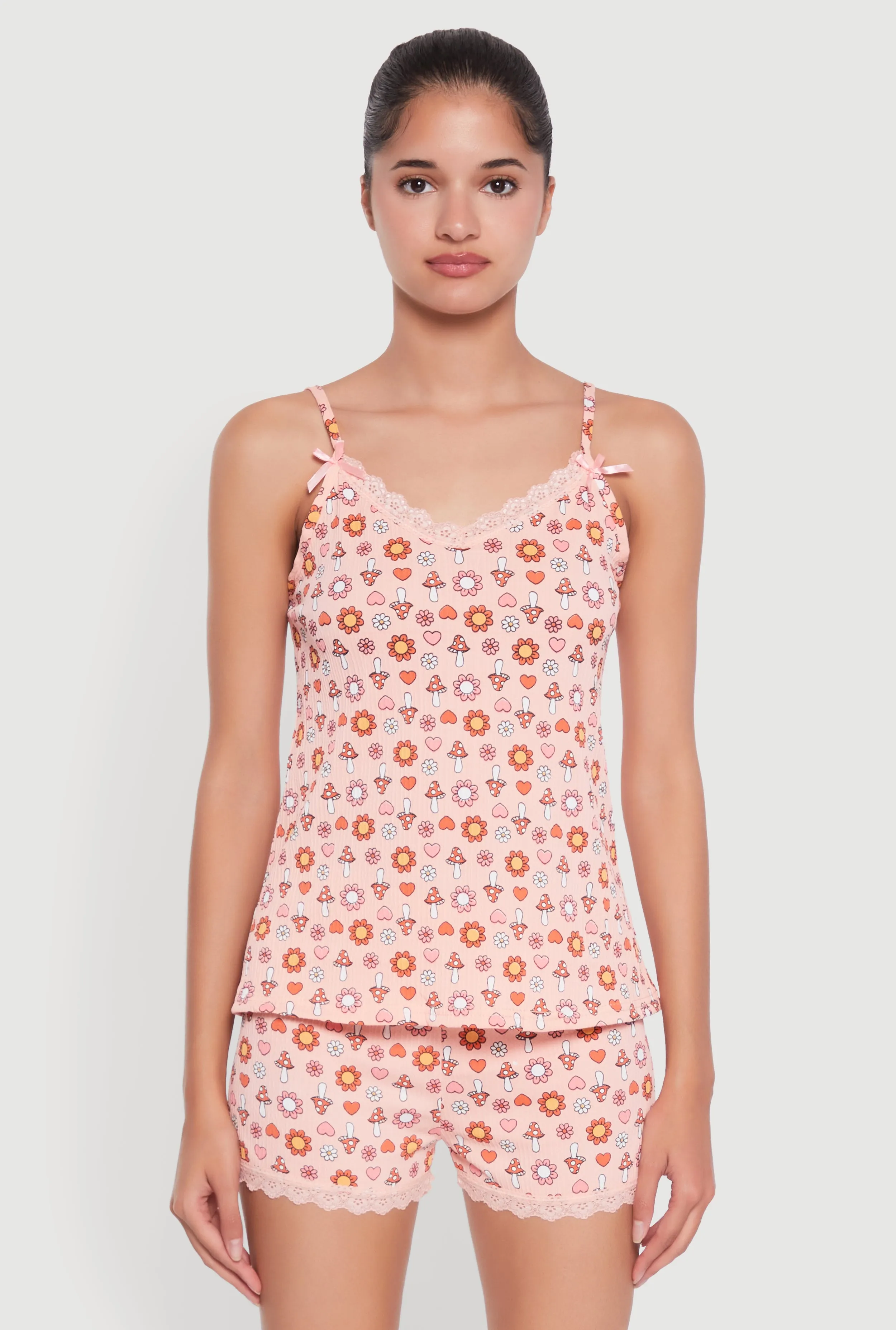Trendy Lace Trim Pajama Cami and Shorts 2-Piece Set sold by Rainbow product image thumbnail 2