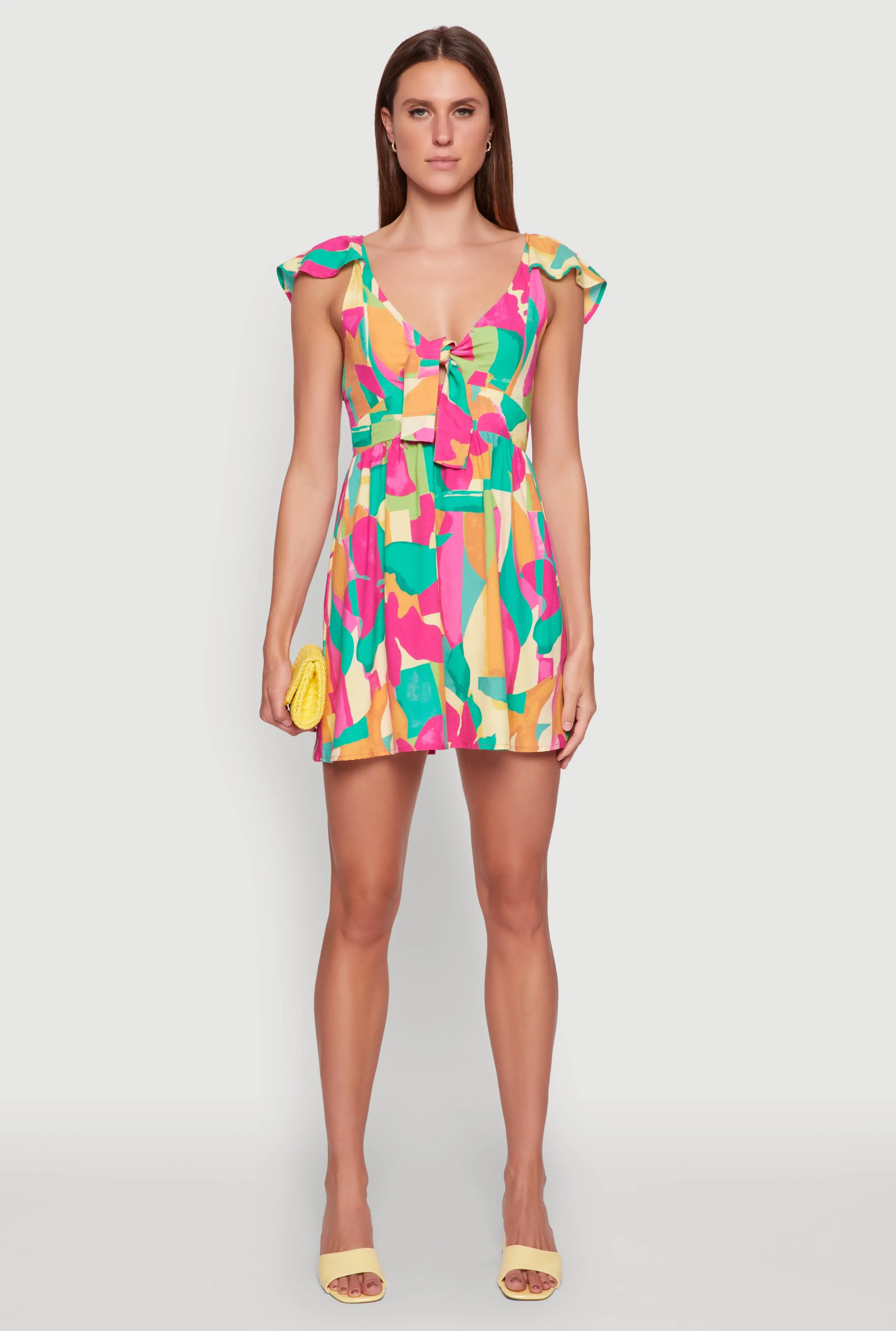 Trendy Tie Front V-Neck Sundress with Flutter Cap Sleeves sold by Rainbow product image thumbnail 2