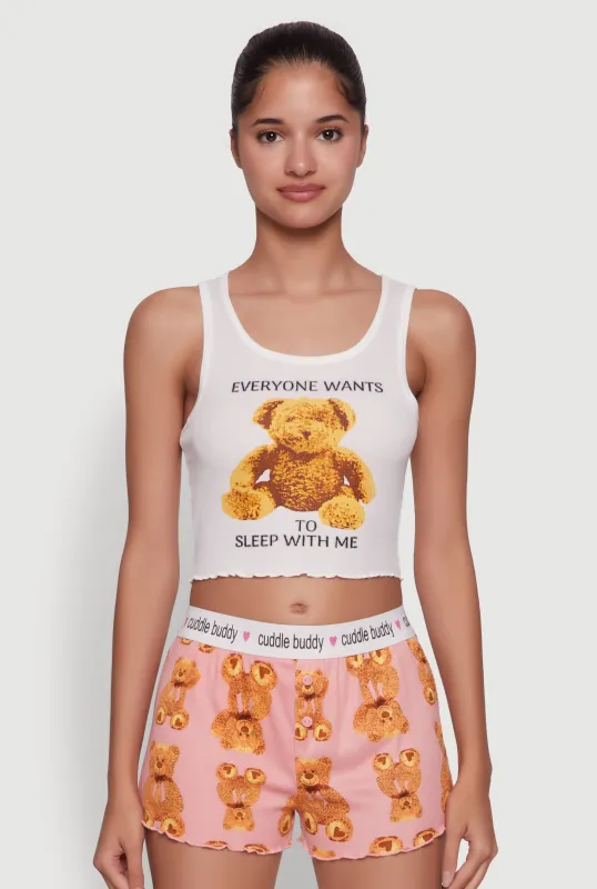 Trendy Graphic Ribbed Knit Sleeveless Pajama Set with Teddy Bear Print sold by Rainbow