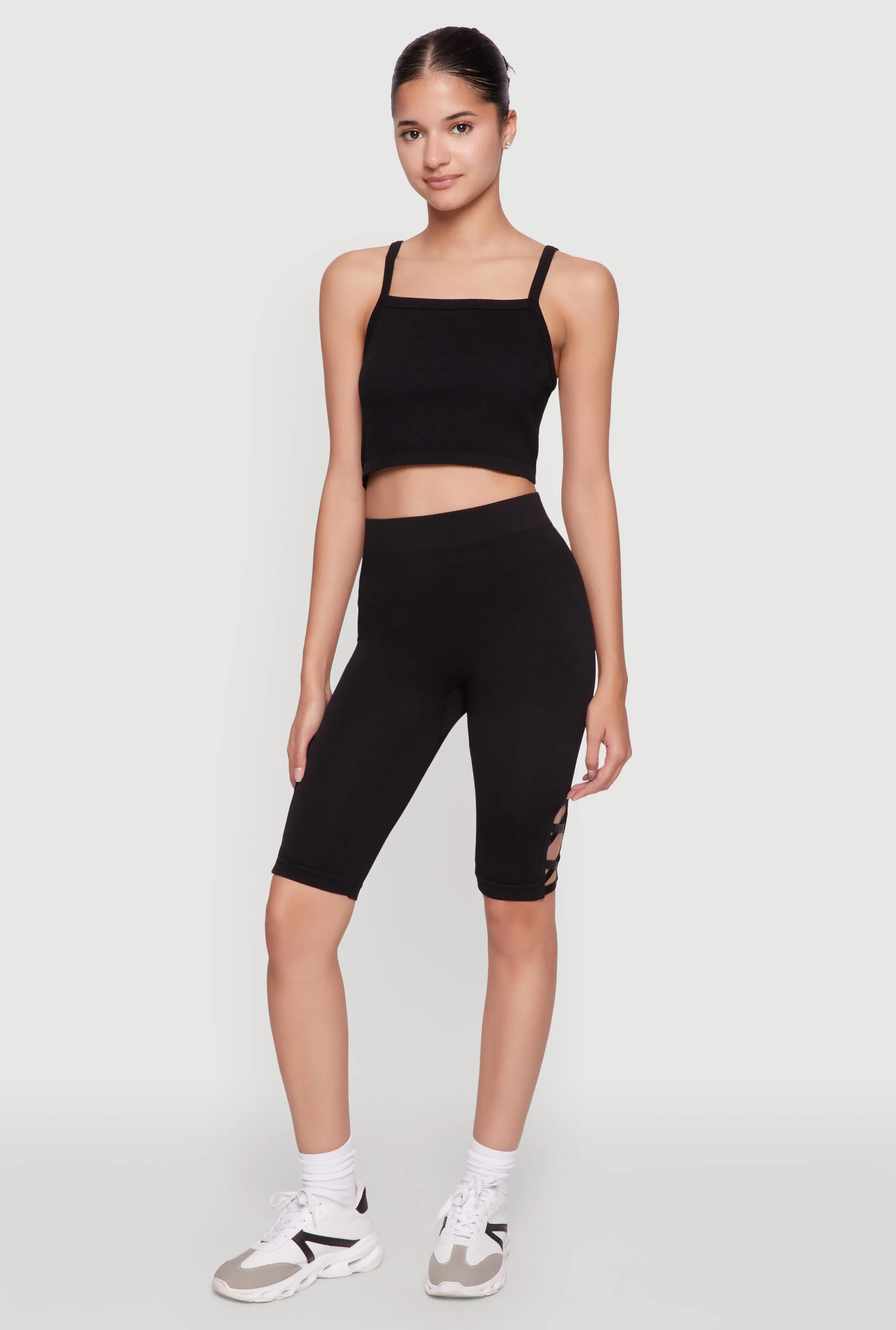 Trendy Seamless Caged Detail High Waisted Biker Shorts sold by Rainbow