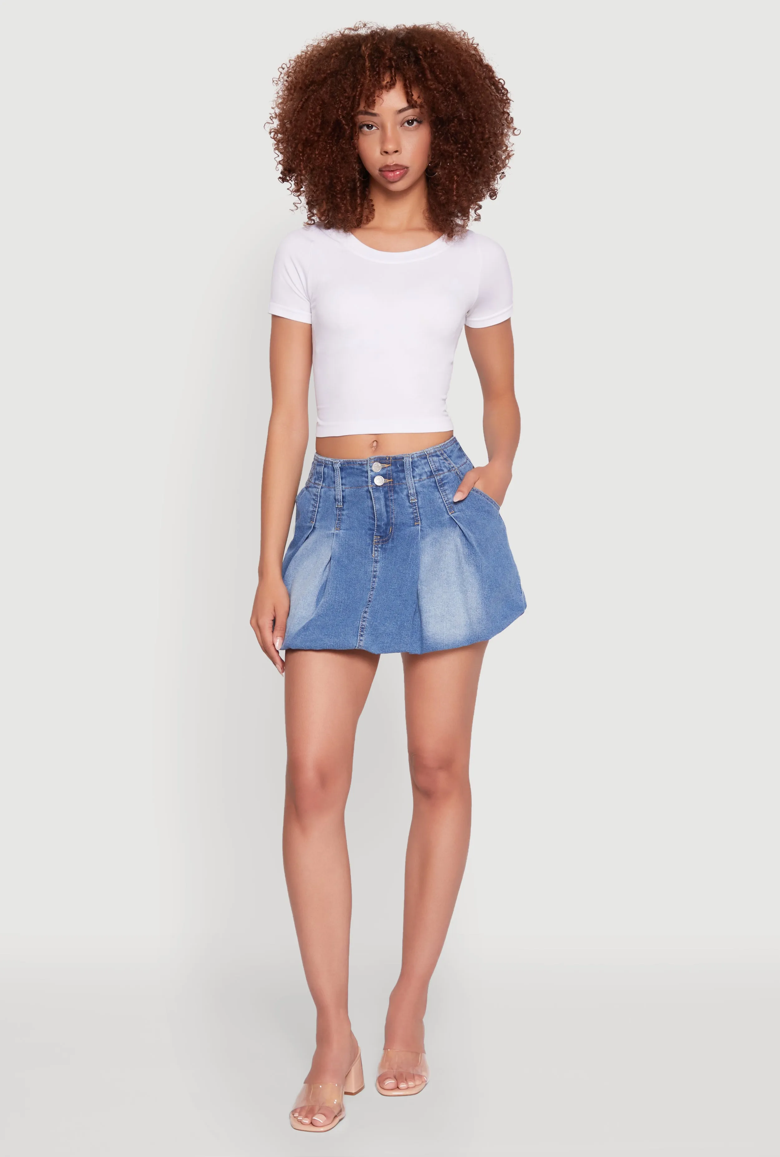 Almost Famous Pleated Bubble Hem Denim Skirt sold by Rainbow