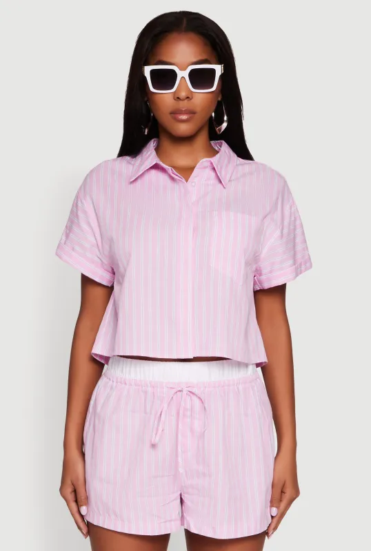 Iris Striped Boxy Button Front Cropped Shirt sold by Rainbow