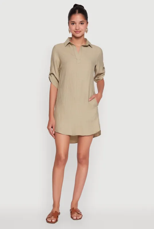 Trendy Linen Shirt Dress with Short Sleeves and Collared Neck sold by Rainbow
