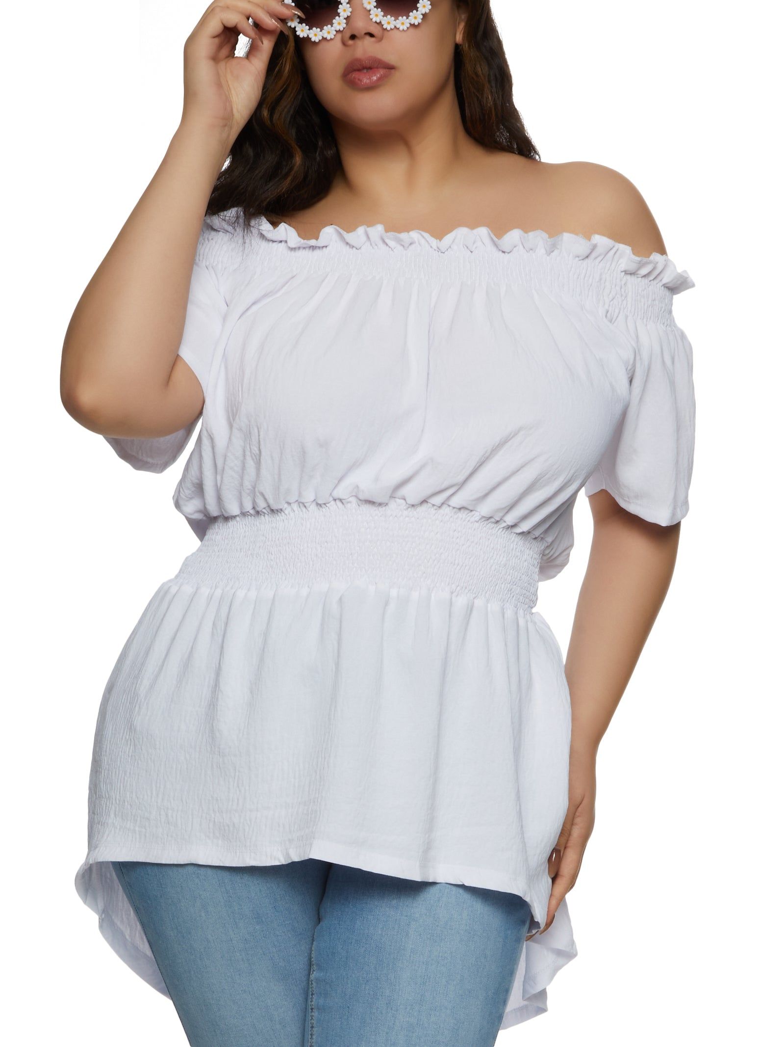 Plus Size Solid Smocked Off the Shoulder Blouse sold by Rainbow
