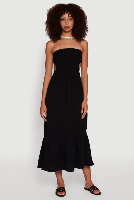 Trendy Smocked Strapless Keyhole Detail Tiered Dress sold by Rainbow