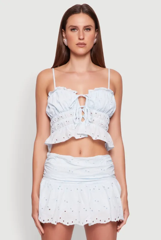 Haute Monde Eyelet Tie Front Keyhole Peplum Crop Top sold by Rainbow