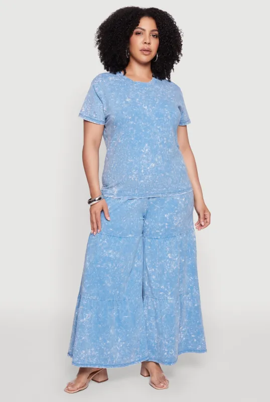 Plus Size Acid Wash Tiered Palazzo Pants sold by Rainbow
