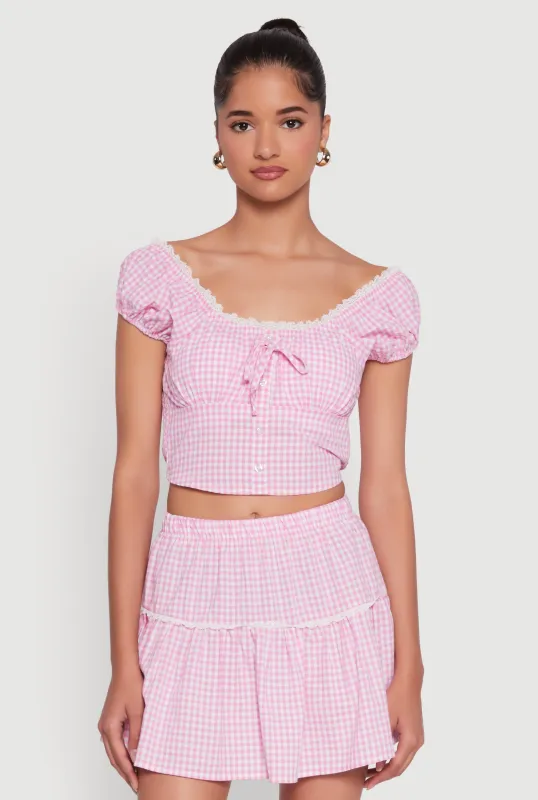 Lace Detail Gingham Puff Sleeve Crop Top sold by Rainbow