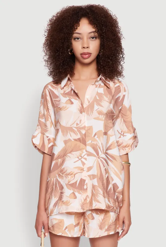 Trendy Leaf Print Crepe Knit Button Front Shirt sold by Rainbow