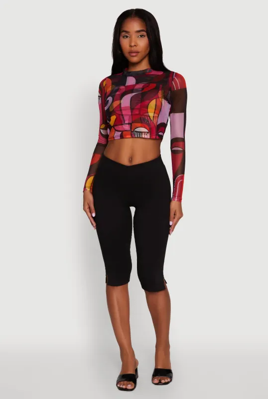 Trendy Mesh Sheer Long Sleeve Crop Top with Printed Pattern sold by Rainbow