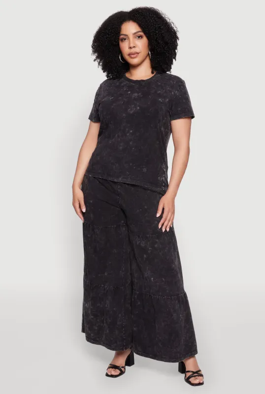 Plus Size Acid Wash Tiered Palazzo Pants sold by Rainbow