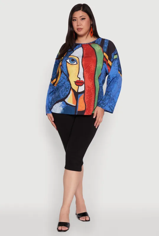 Plus Size Trendy Abstract Face Print Blouse sold by Rainbow