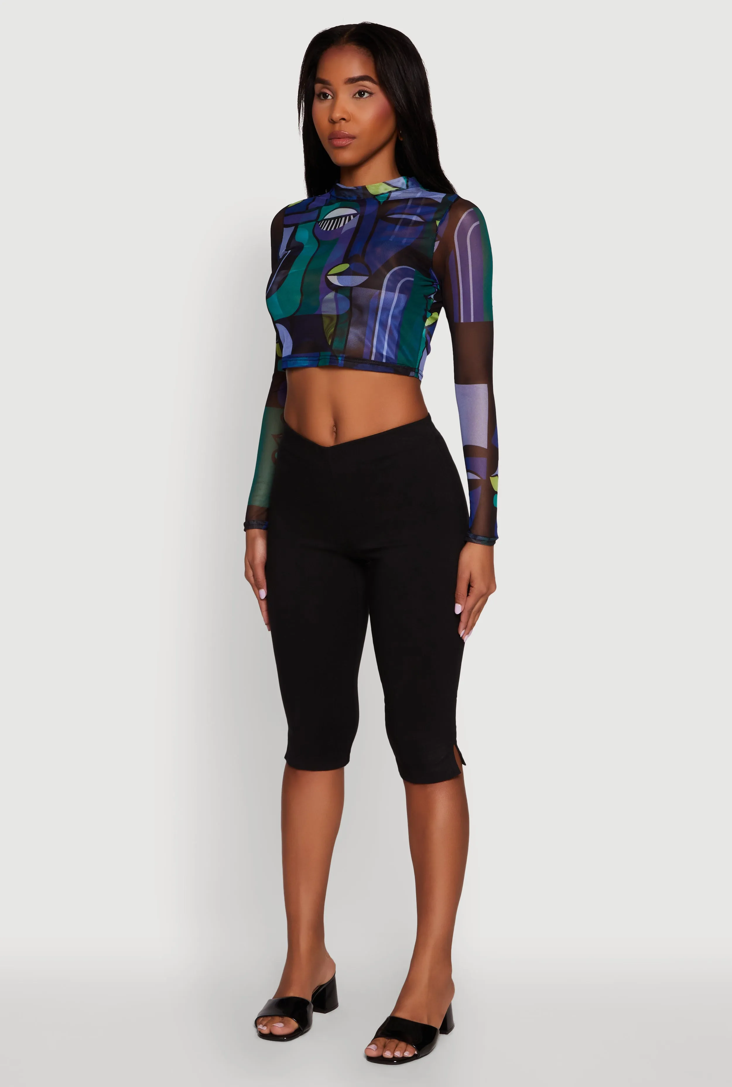 Trendy Mesh Sheer Long Sleeve Crop Top with Printed Pattern sold by Rainbow product image thumbnail 5