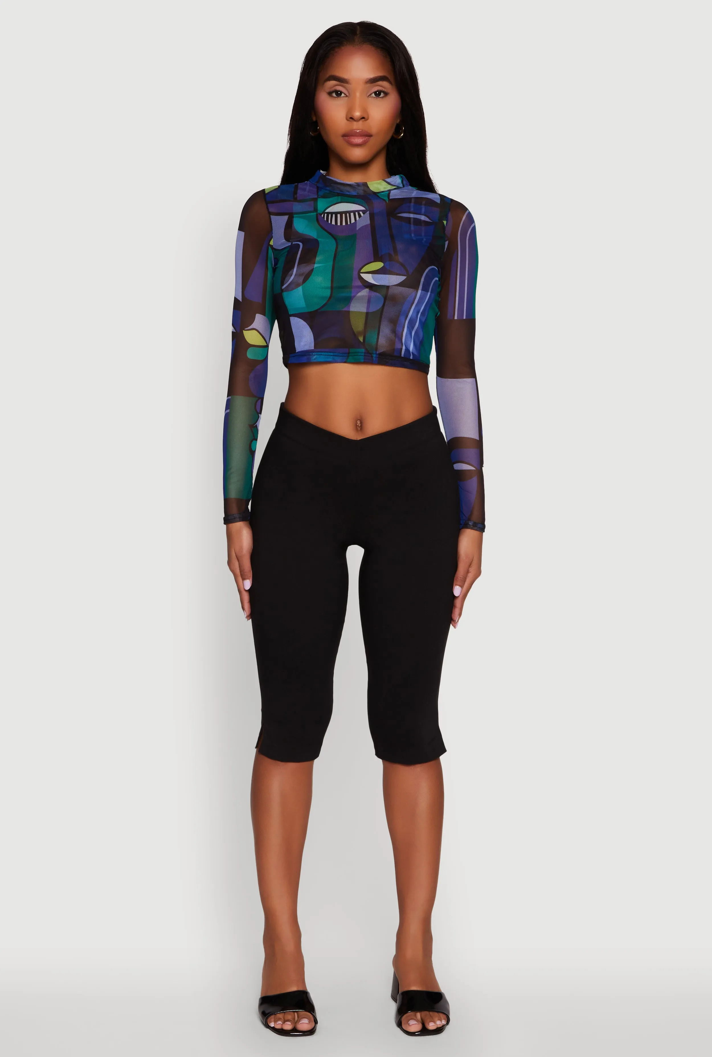Trendy Mesh Sheer Long Sleeve Crop Top with Printed Pattern sold by Rainbow product image thumbnail 3