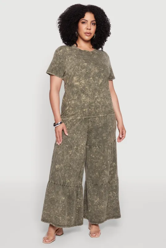 Plus Size Acid Wash Tiered Palazzo Pants sold by Rainbow