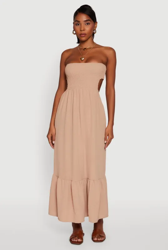 Trendy Smocked Strapless Keyhole Detail Tiered Dress sold by Rainbow