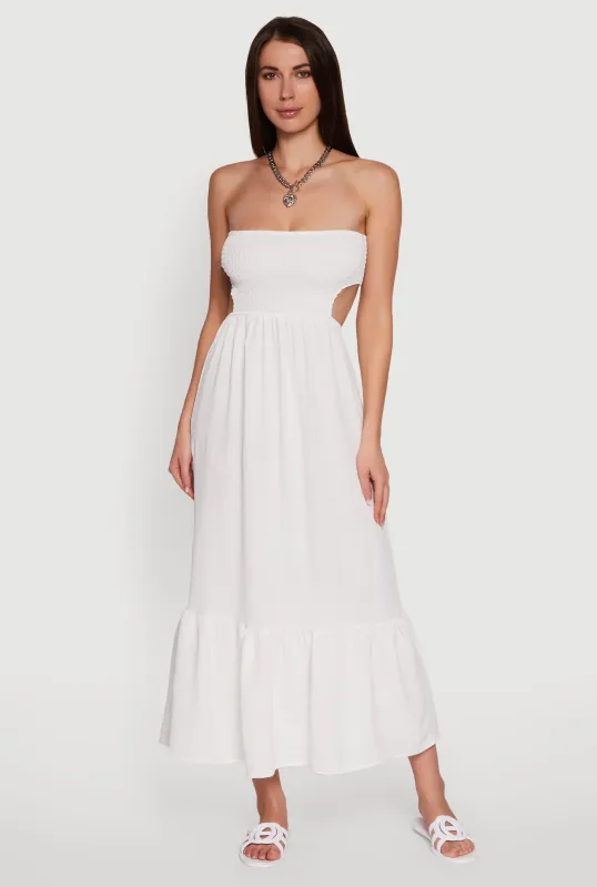 Trendy Smocked Strapless Keyhole Detail Tiered Dress sold by Rainbow