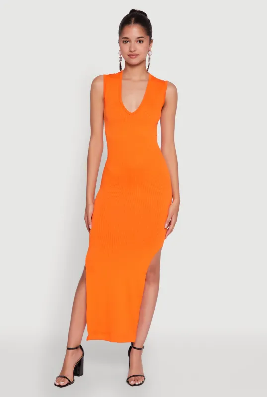 Trendy Rib Knit Plunge Neck Side Slit Maxi Dress sold by Rainbow