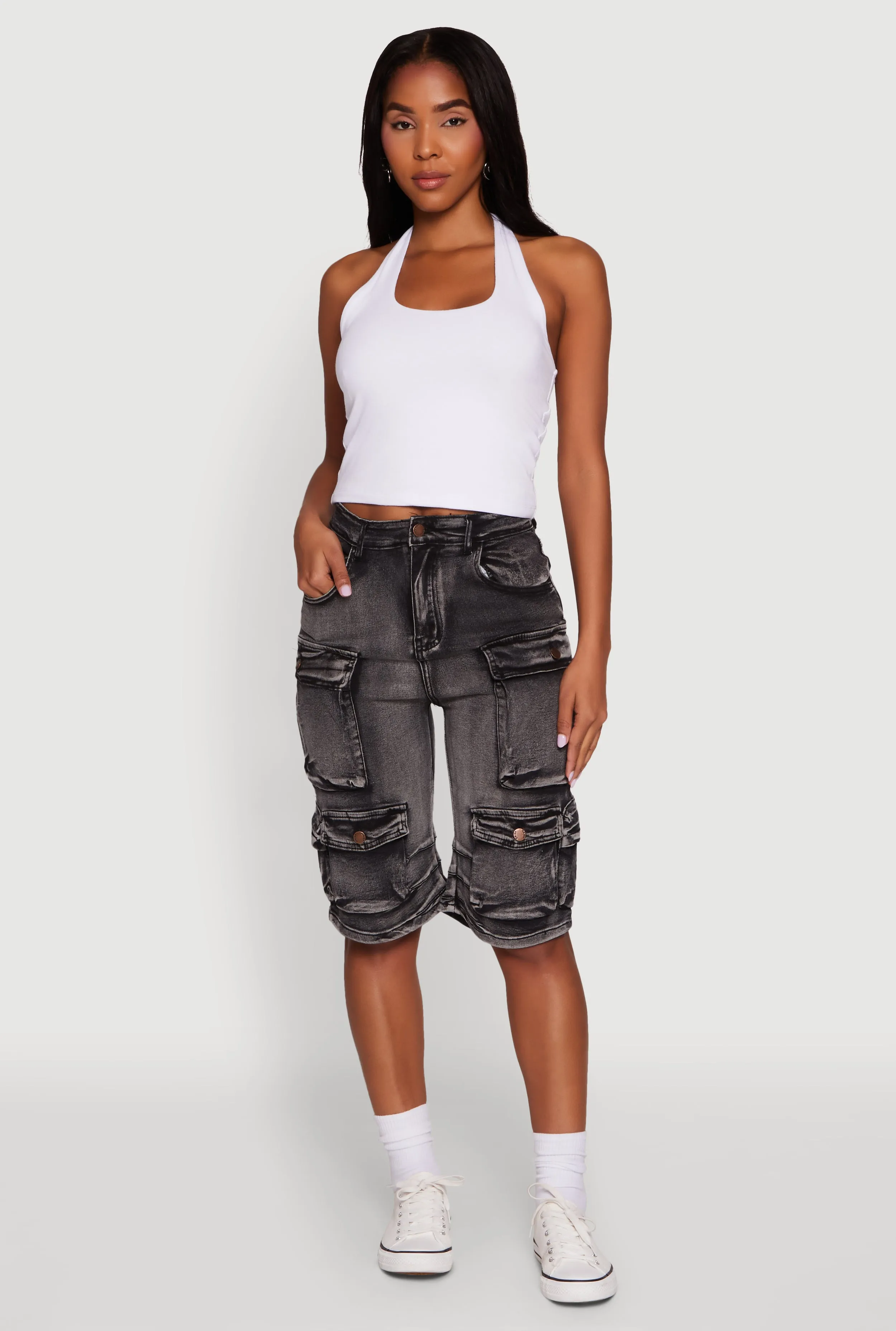 Daisy High Waisted Acid Wash Denim Cargo Shorts sold by Rainbow