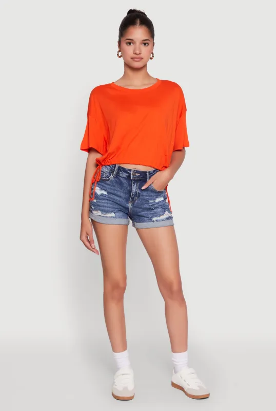 Cropped Drawstring Hem Short Sleeve Crew Neck Top sold by Rainbow