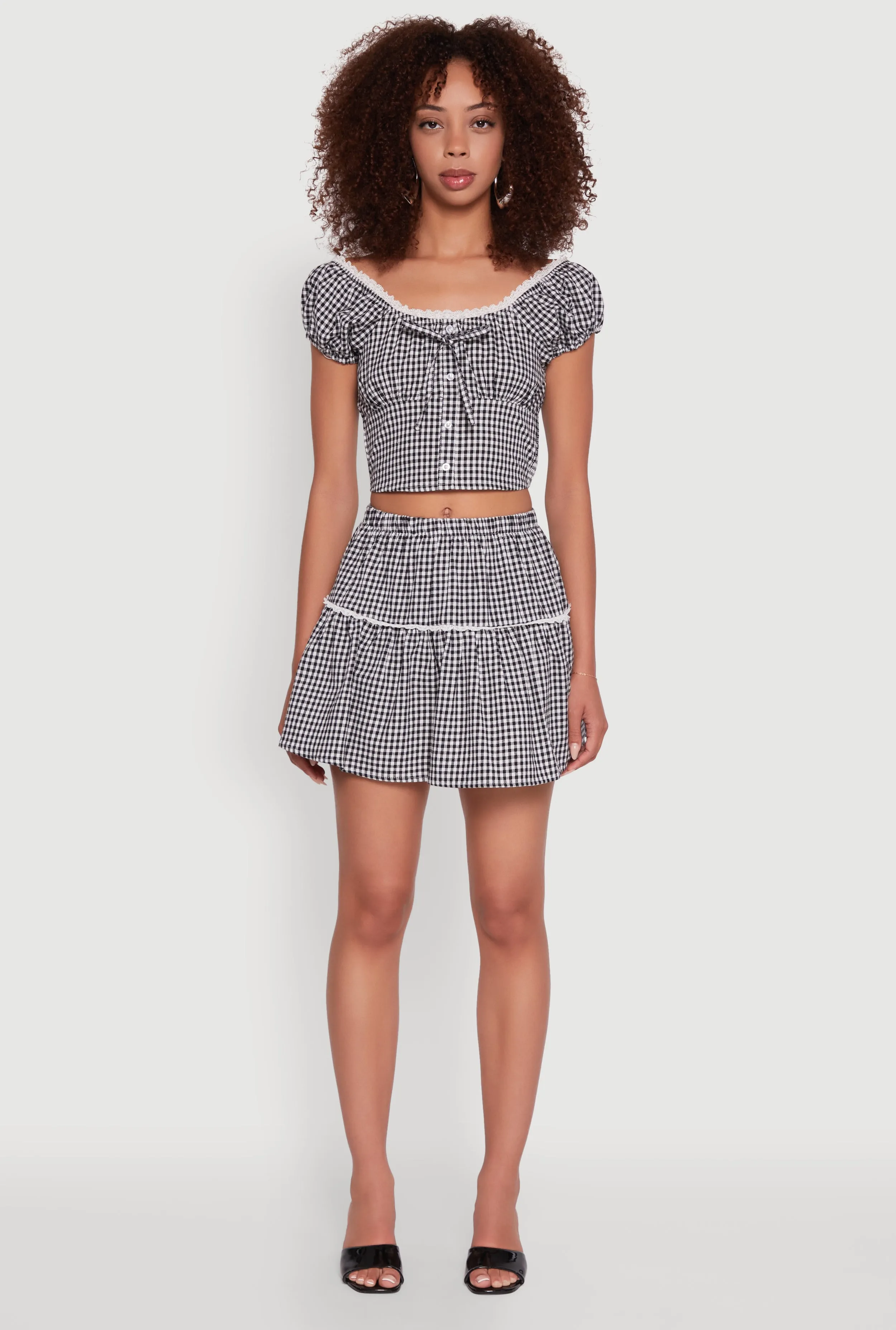 Lace Detail Gingham Puff Sleeve Crop Top sold by Rainbow product image thumbnail 3