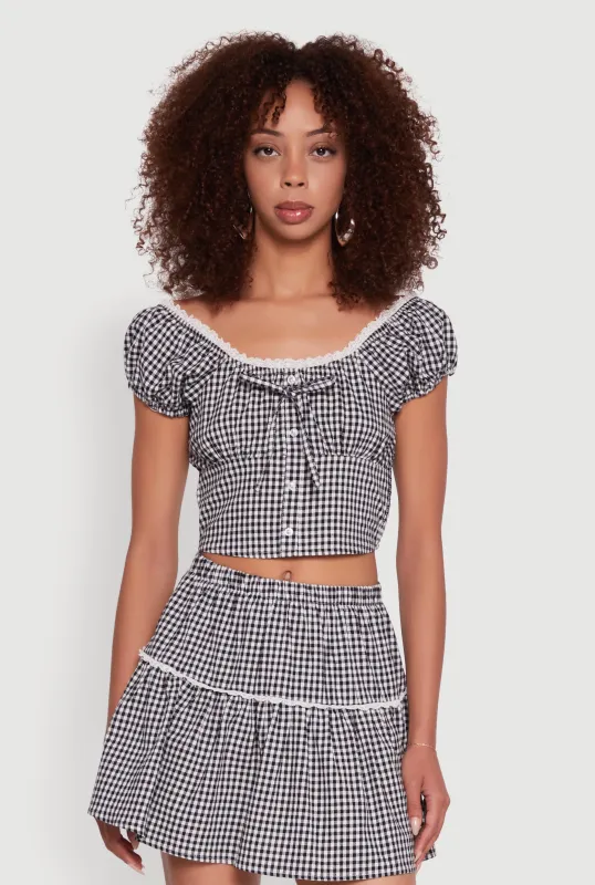 Lace Detail Gingham Puff Sleeve Crop Top sold by Rainbow