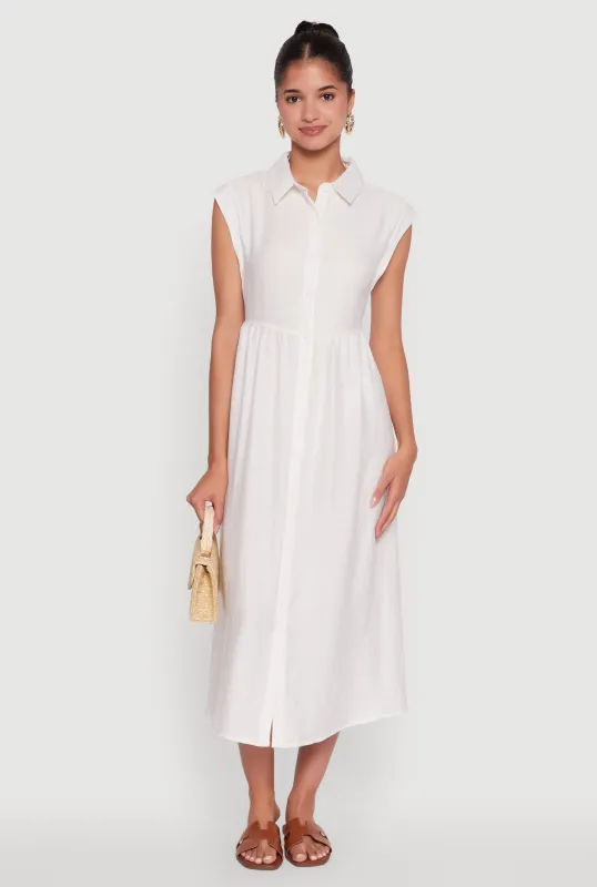 Linen Mid Length Shirt Dress with Cap Sleeves sold by Rainbow