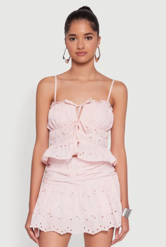 Haute Monde Eyelet Tie Front Keyhole Peplum Crop Top sold by Rainbow