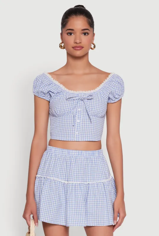 Lace Detail Gingham Puff Sleeve Crop Top sold by Rainbow