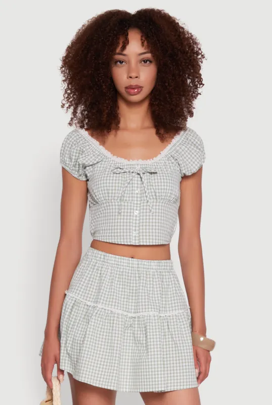 Lace Detail Gingham Puff Sleeve Crop Top sold by Rainbow