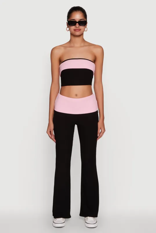 Stylish Rib Knit Contrast Fold Over Bootcut Pants sold by Rainbow