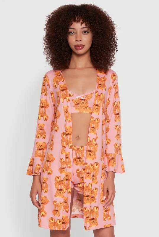 Rib Knit Teddy Bear Pajama Bralette and Shorts with Robe sold by Rainbow
