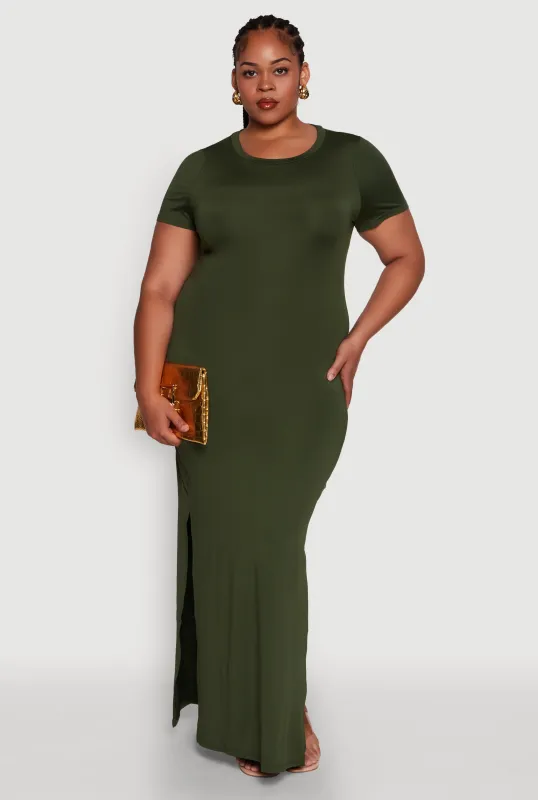 Plus Size Daisy Crew Neck Side Slit T-Shirt Dress sold by Rainbow