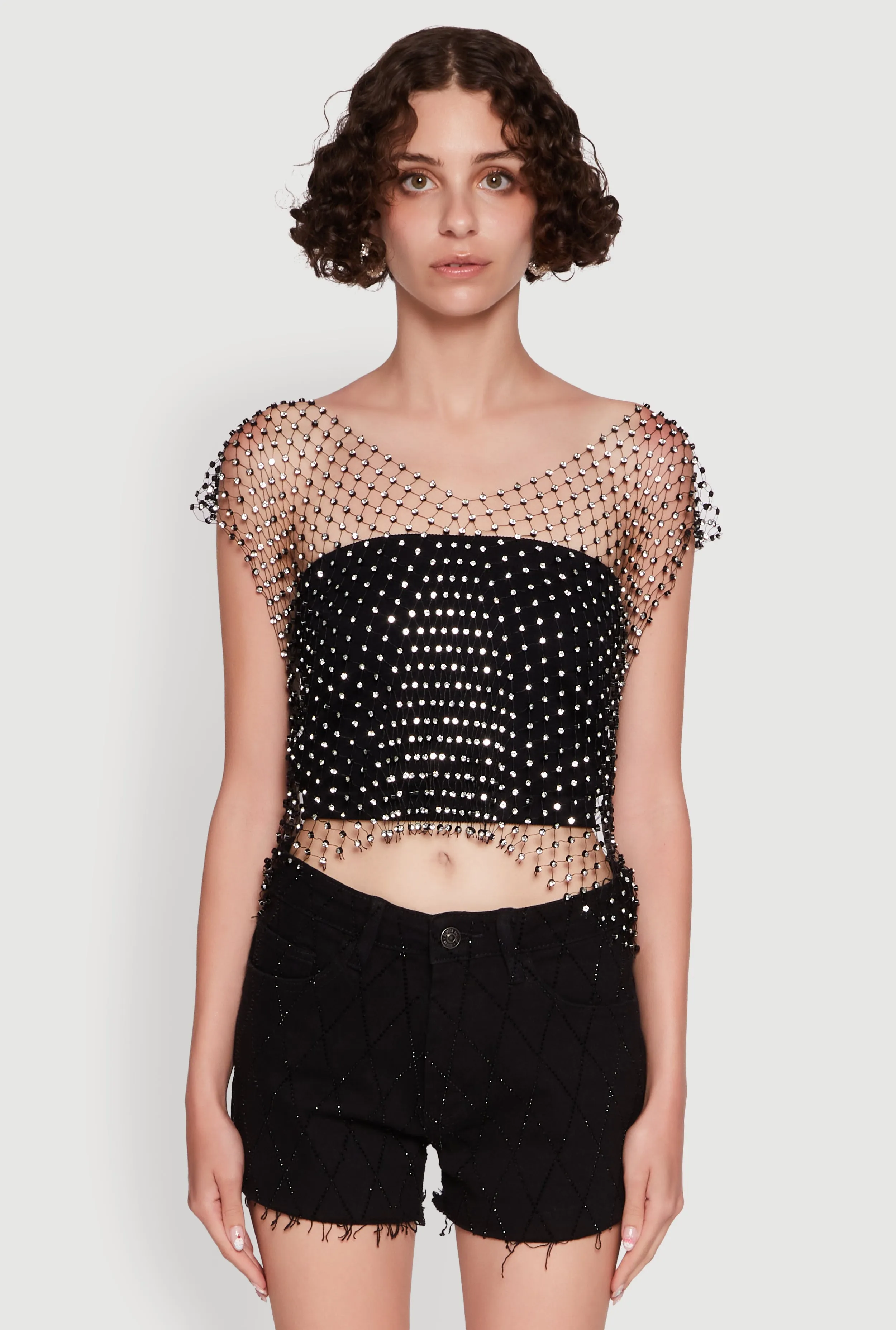 Trendy Rhinestone Fishnet V Neck Crop Top sold by Rainbow product image thumbnail 2