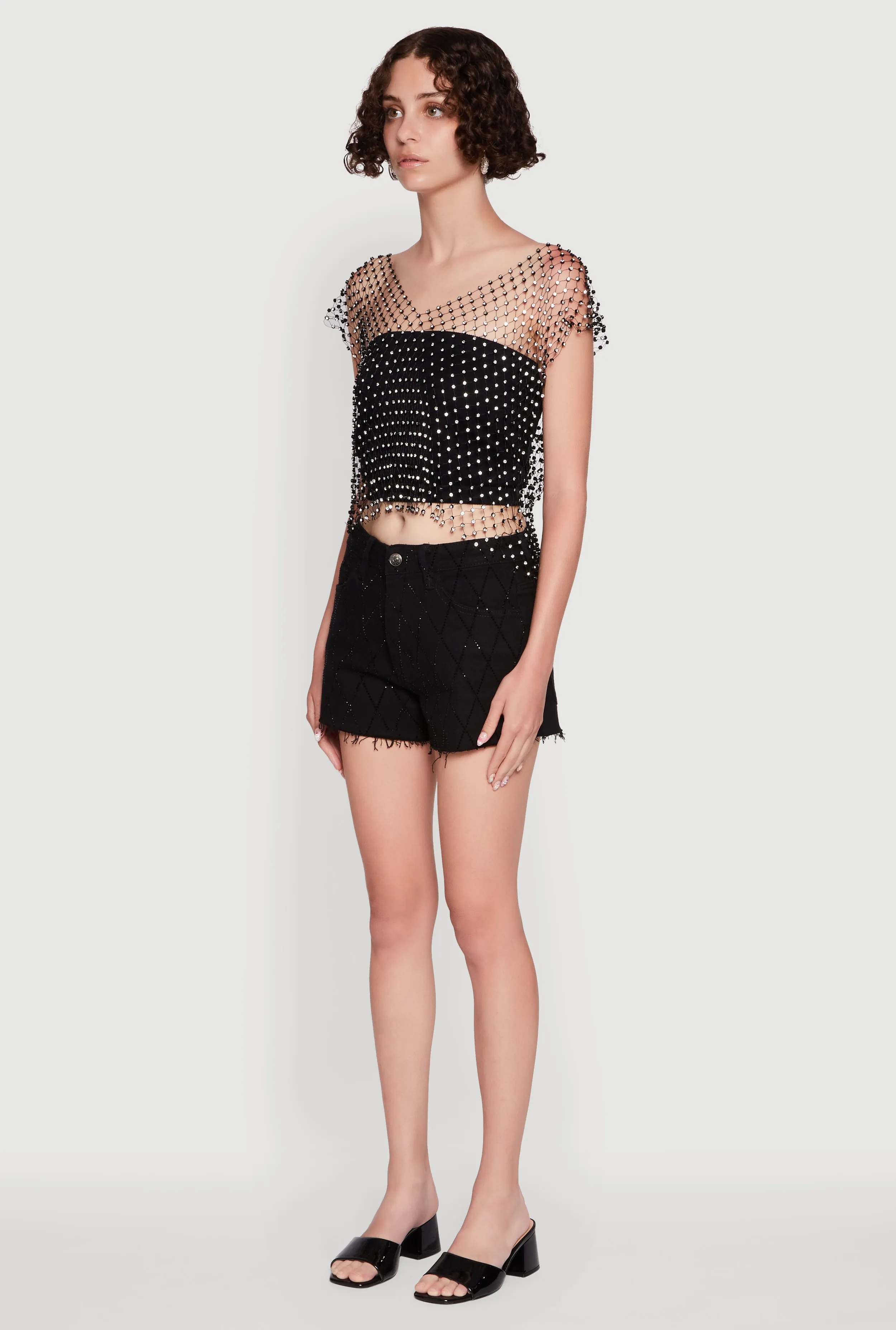 Trendy Rhinestone Fishnet V Neck Crop Top sold by Rainbow product image thumbnail 5