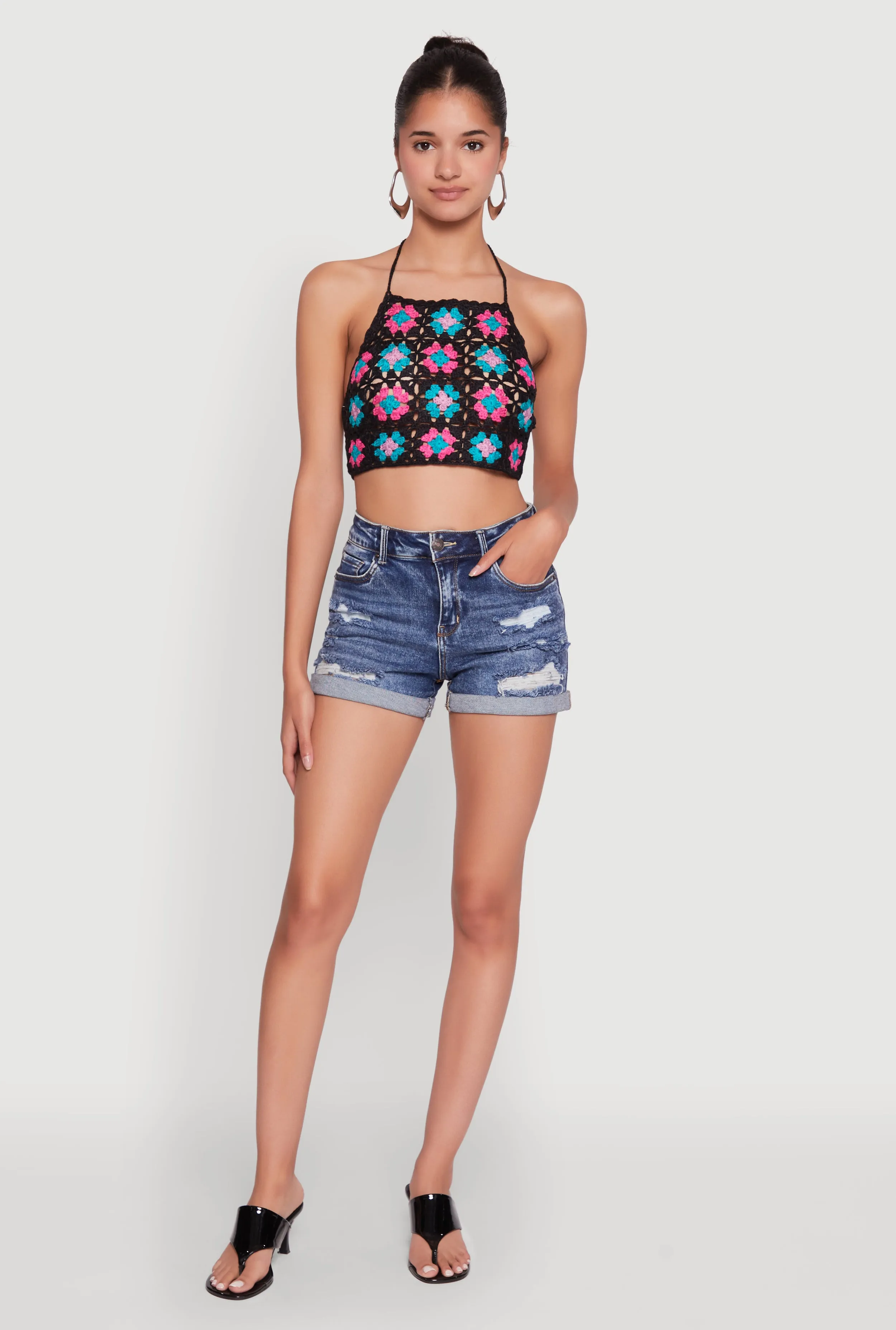 Trendy Patterned Crochet Tie Back Halter Crop Top sold by Rainbow