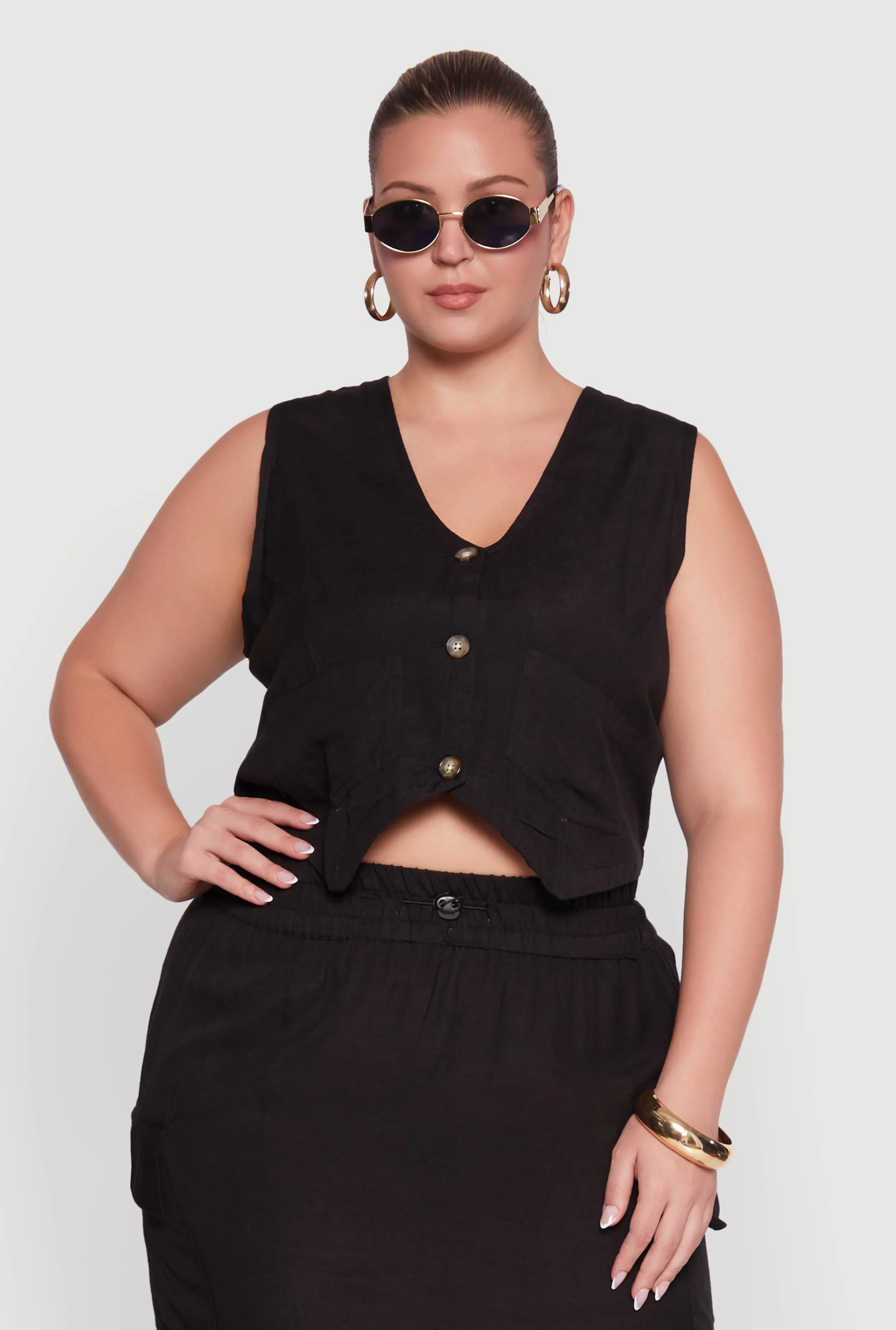 Plus Size Linen V-Neck Cropped Vest sold by Rainbow