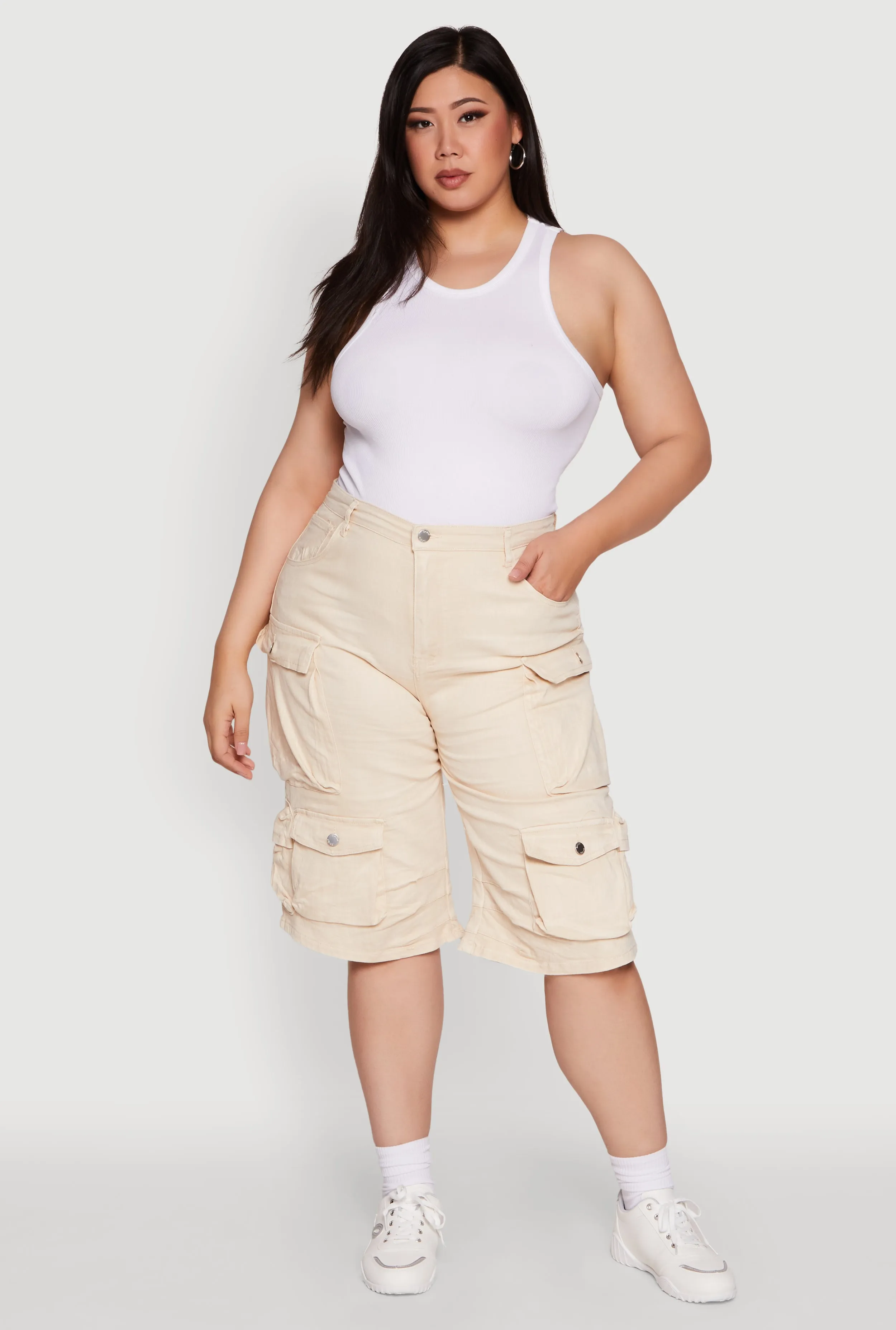 Plus Size Daisy High Waisted Acid Wash Cargo Denim Shorts sold by Rainbow