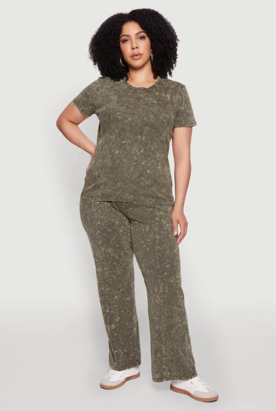 Plus Size Acid Wash Pintuck Wide Leg Pants sold by Rainbow