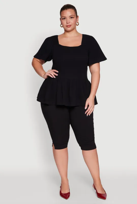 Plus Size Smocked Square Neck Peplum Top sold by Rainbow