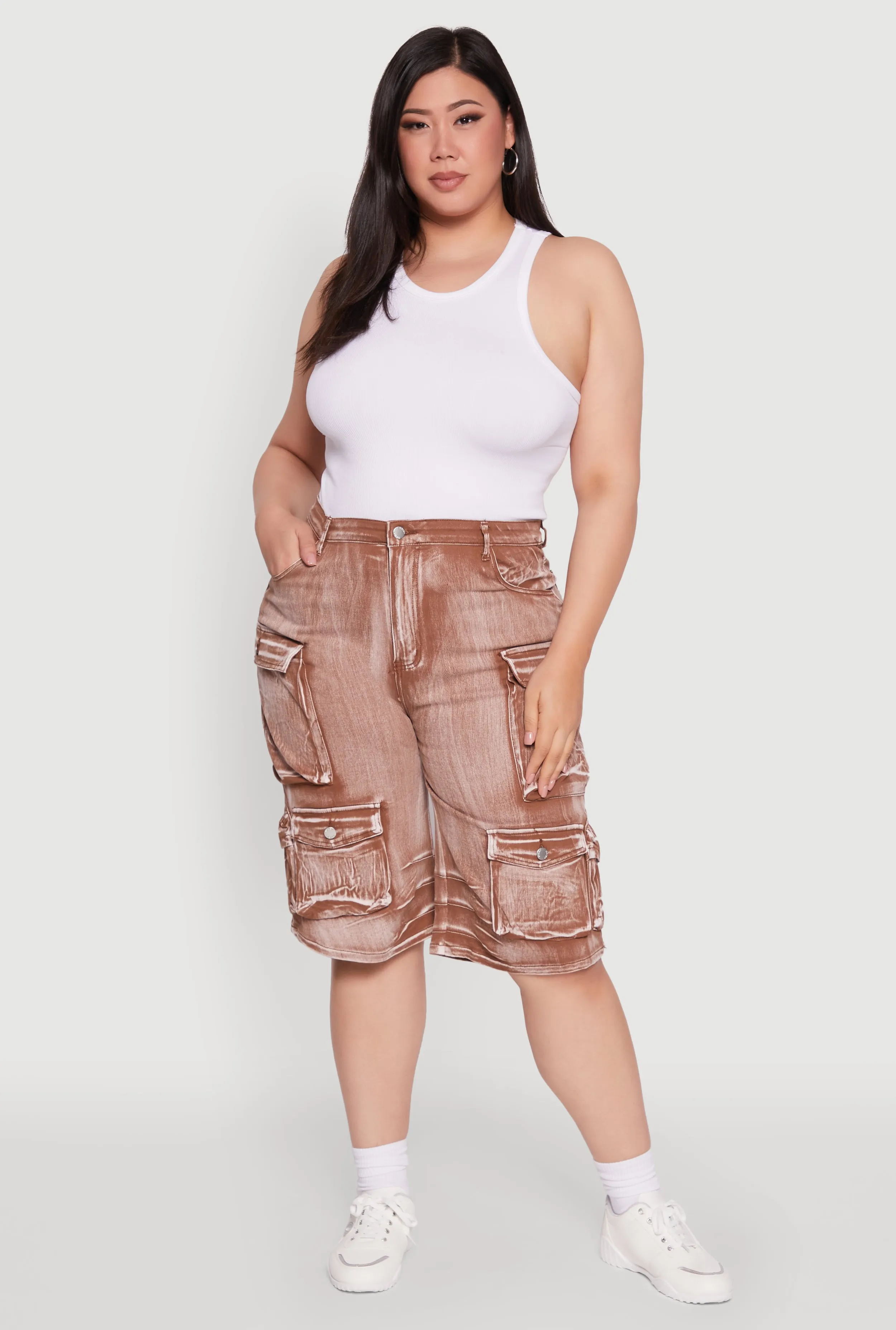 Plus Size Daisy High Waisted Acid Wash Cargo Denim Shorts sold by Rainbow