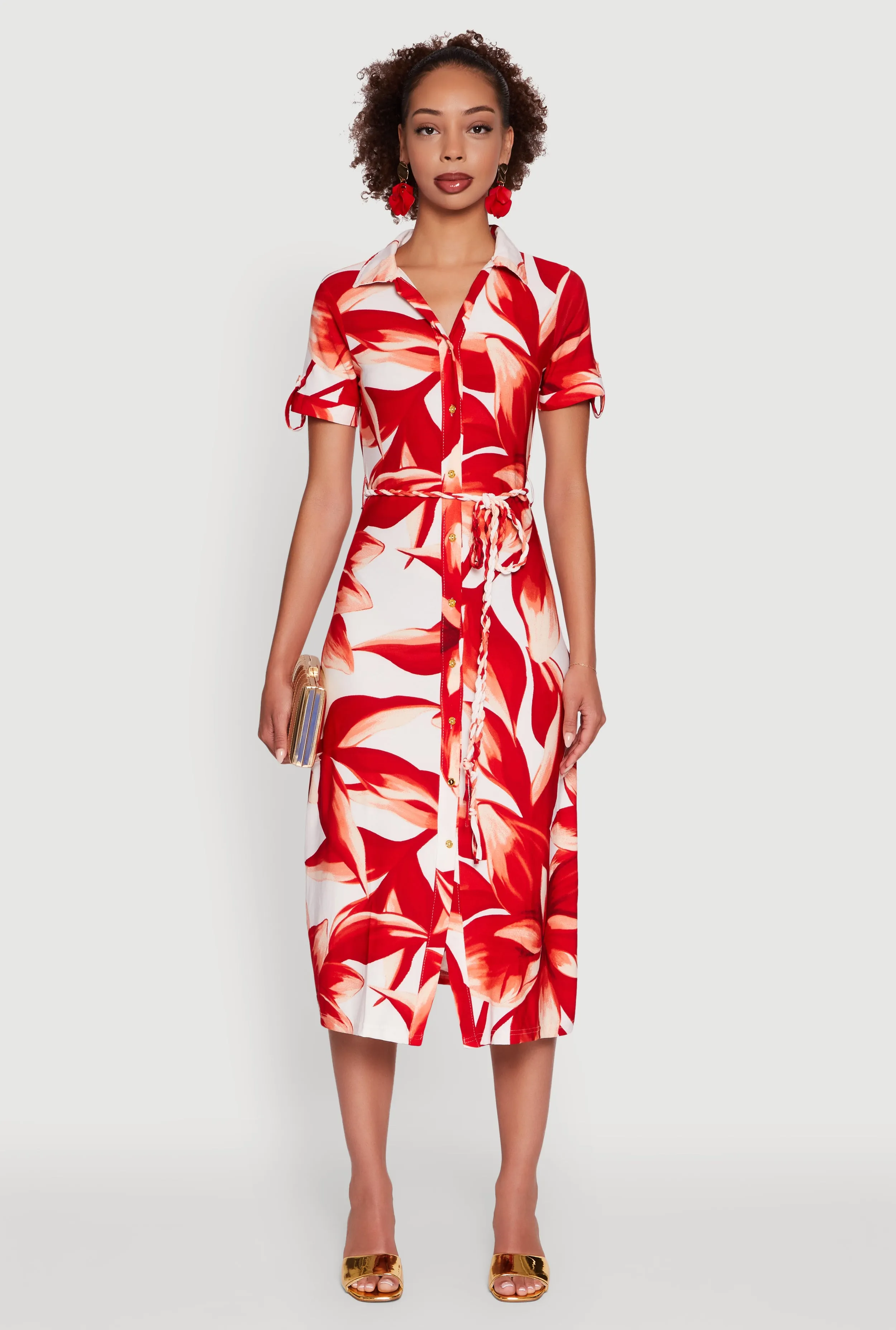 Leaf Print Button Front Shirt Dress with Tie Waist Belt sold by Rainbow product image thumbnail 2